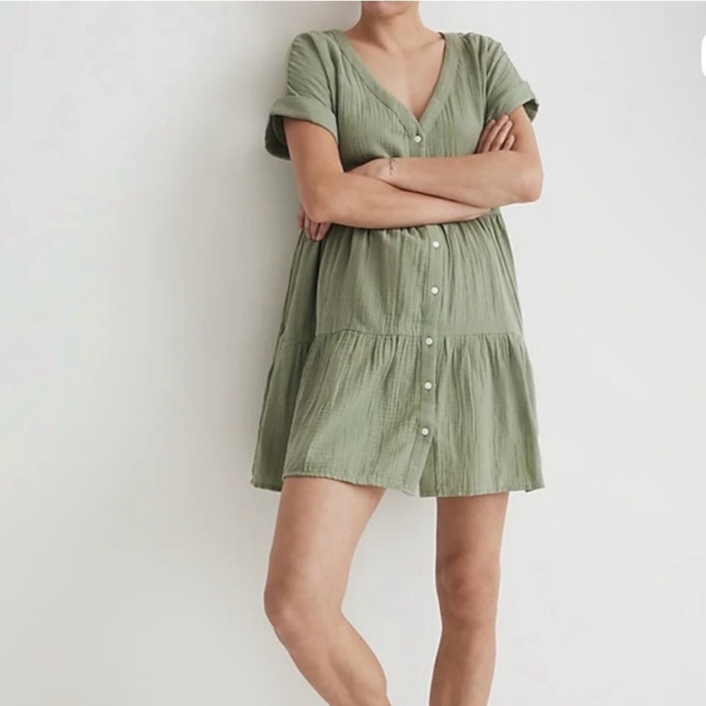 Madewell Lightspun Cuff Sleeve Dress XS Button Tiered Mini Sage Flowy Boho Comfy